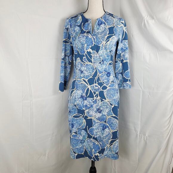 J.McLaughlin Dress Womens XS Blue Floral Sheath Stretch 3/4 Sleeve Knee Length - Picture 2 of 10